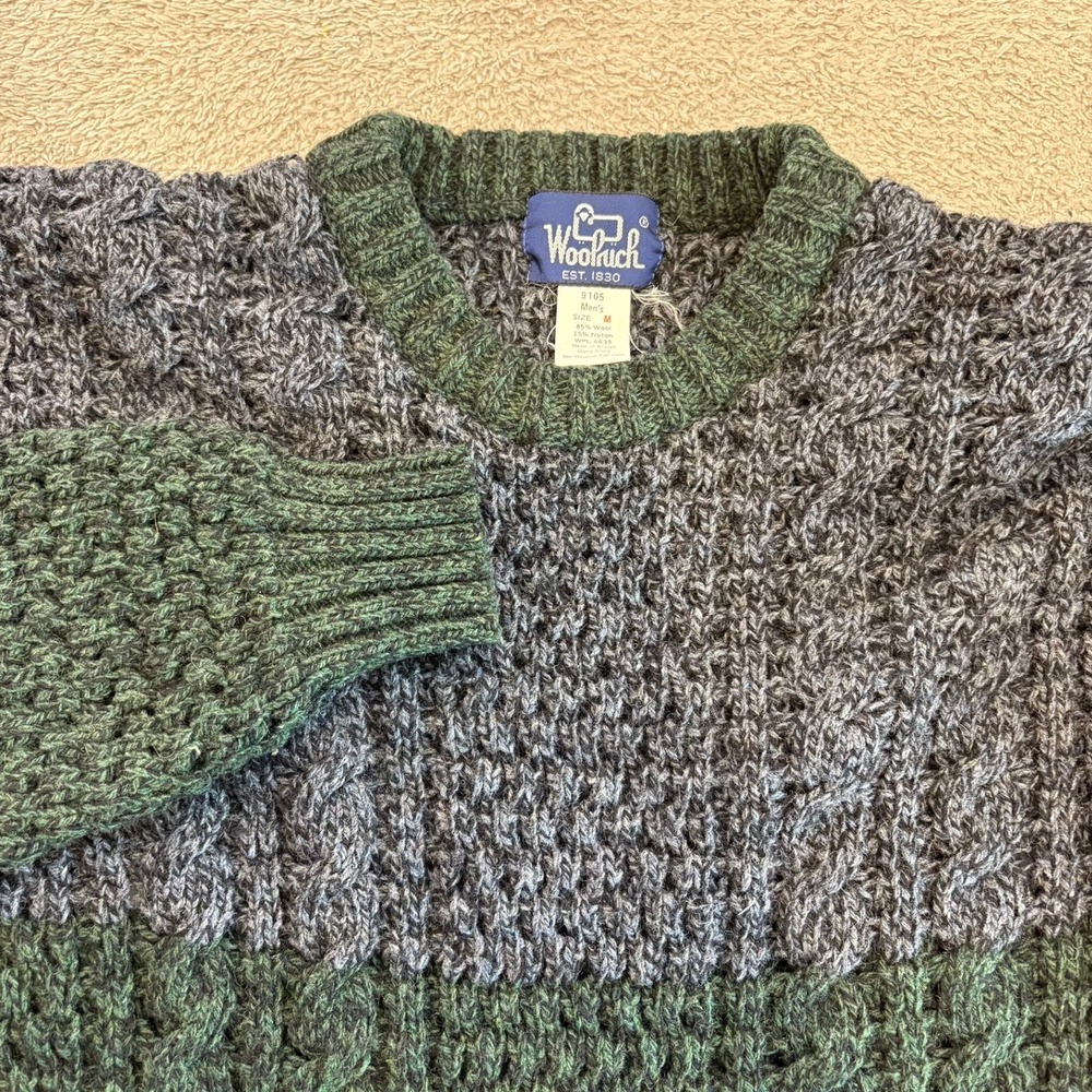 Vintage Woolrich Men M Wool Blend Cable Knit Chunky Fisherman Sweater Colorblock